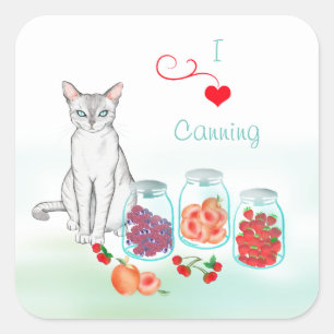 Koninklijke kat met ingeblikt fruit in weckpotten vierkante sticker