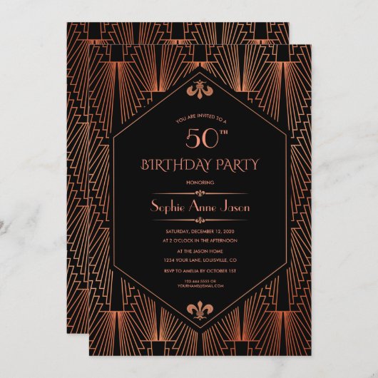 Koninklijke Koper Zwarte Gatsby 20s Verjaardagsfee Kaart (Voorkant / Achterkant)