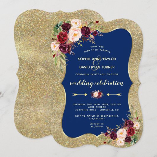 Koninklijke Marine Blauw Bourgondië Bloem Goud Bru Kaart (Voorkant / Achterkant)