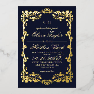 Koninklijke Marine Blauw Gouden Rozen Bloemen Alle Folie Uitnodiging