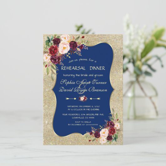 Koninklijke Marine Blush Bloem Goud Oefenavondeten Kaart (Staand voorkant)