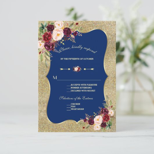 Koninklijke Marine Blush Bloem Gouden Huwelijk RSV RSVP Kaartje (Staand voorkant)