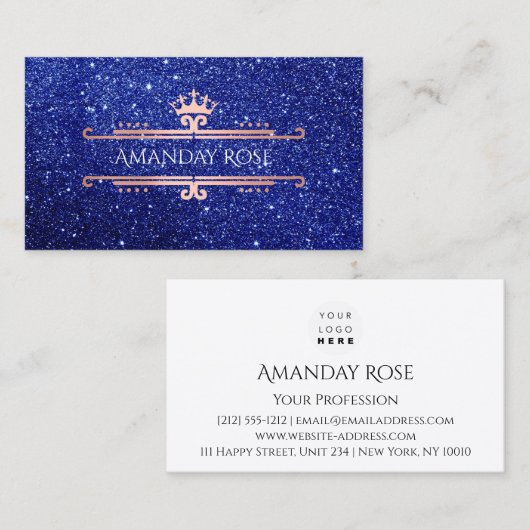 Koninklijke Merknaam Roos White Blue Navy Glitter Visitekaartje (Voorkant / Achterkant)