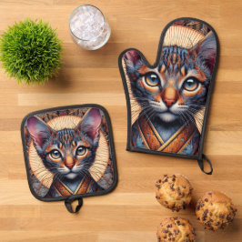 Koninklijke Mythische sierlijke fantasie katachtig Ovenwant & Pannenlap Set