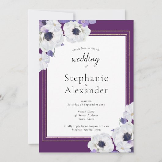 Koninklijke Paarse Bloemen Frame QR Code Bruiloft Kaart (Voorkant)