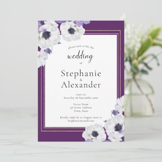 Koninklijke Paarse Bloemen Frame QR Code Bruiloft Kaart (Staand voorkant)