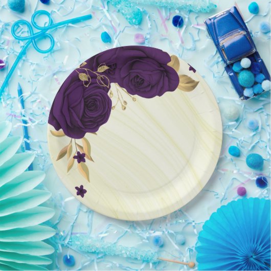 koninklijke paarse bloemen goudblad marmer papieren bordje (Feest)