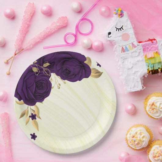 koninklijke paarse bloemen goudblad marmer papieren bordje (Feest)