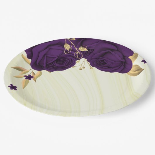 koninklijke paarse bloemen goudblad marmer papieren bordje (Gekanteld)