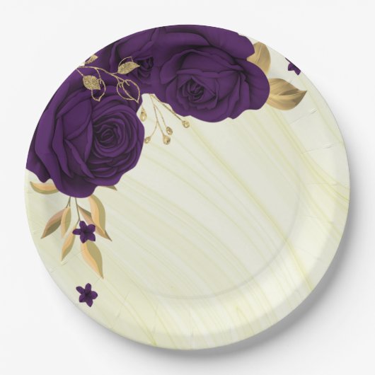 koninklijke paarse bloemen goudblad marmer papieren bordje (Voorkant)