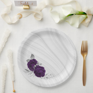 koninklijke paarse bloemen zilverblad marmer papieren bordje