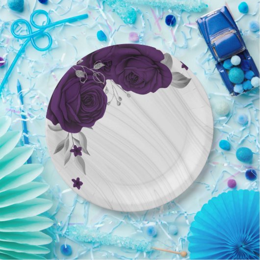 koninklijke paarse bloemen zilverblad marmer papieren bordje (Feest)