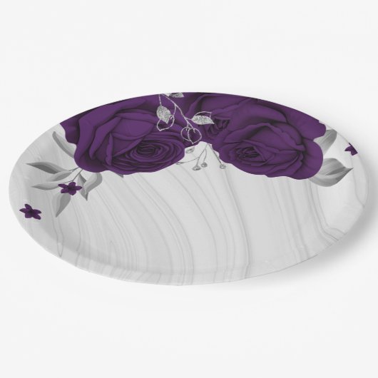 koninklijke paarse bloemen zilverblad marmer papieren bordje (Gekanteld)