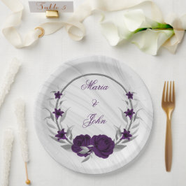koninklijke paarse bloemen zilverbladeren met marm papieren bordje