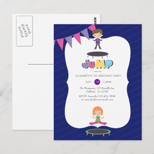Koninklijke Paarse en Blauwe Trampoline Birthday P Briefkaart (Voorkant / Achterkant)