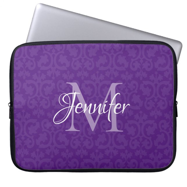 Koninklijke Paarse en Witte Monogram Damask Laptop Sleeve (Voorkant)
