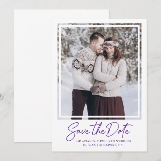 Koninklijke Paarse tekst Foto bruiloft bewaart de  Save The Date (Voorkant / Achterkant)