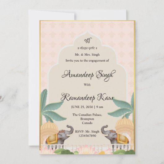 Koninklijke Pastel Mughal thema Sikh Roka uitnodig Kaart (Voorkant)