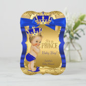 Koninklijke Prins Baby Shower Blauw Gouden Strik B Kaart (Staand voorkant)