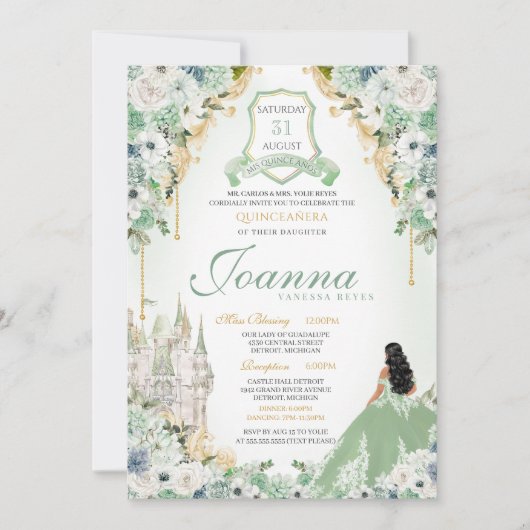 Koninklijke Prinses Mint Groen & Goud Quinceanera Kaart (Voorkant)