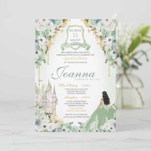 Koninklijke Prinses Mint Groen & Goud Quinceanera Kaart (Staand voorkant)