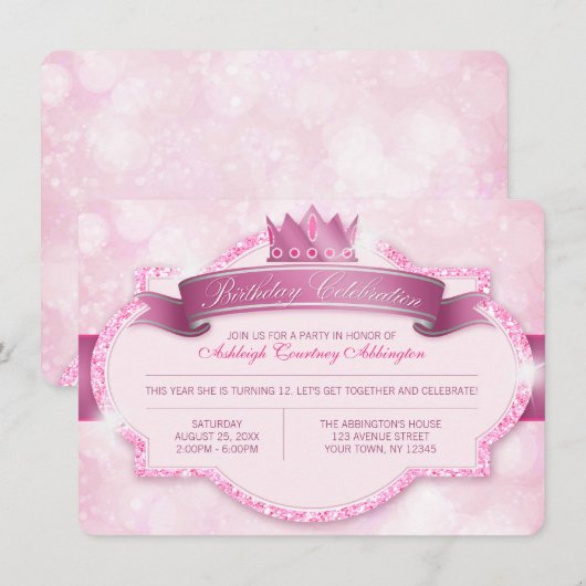 Koninklijke prinses Pink Glitter Girls Birthday Pa Kaart (Voorkant / Achterkant)