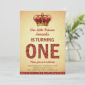 Koninklijke prinses Red Glitter First Birthday Par Kaart (Staand voorkant)