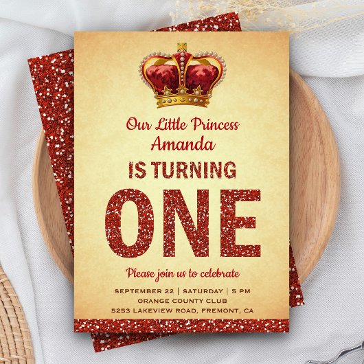 Koninklijke prinses Red Glitter First Birthday Par Kaart