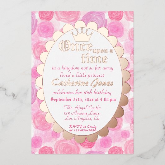 Koninklijke Prinses Roze Rose Goud Meisje Verjaard Folie Uitnodiging (Voorkant)