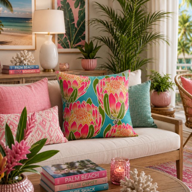 Koninklijke Protea Bloem Patroon Teal Roze Kussen (Creator heeft geüpload)