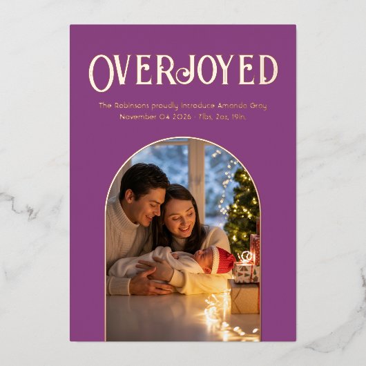 Koninklijke Pruim Luxe Kerst Baby Geboorteaankondi Folie Feestdagenkaart (Voorkant)