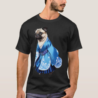 Koninklijke pug in blauwe hanbok met ingewikkelde t-shirt