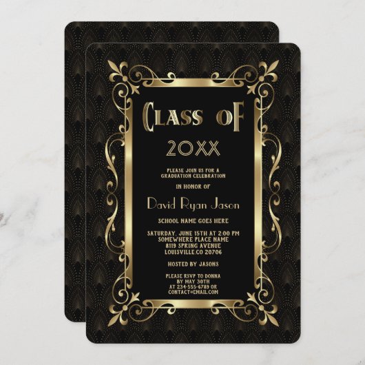 Koninklijke Roaring Twenties Goud Art Deco Afstude Kaart (Voorkant / Achterkant)