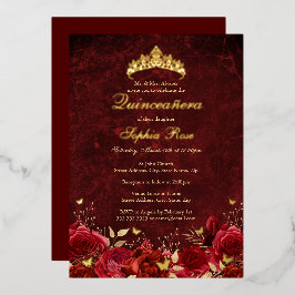 Koninklijke Rode Bloem Vlinder Tiara Quinceanera Folie Uitnodiging