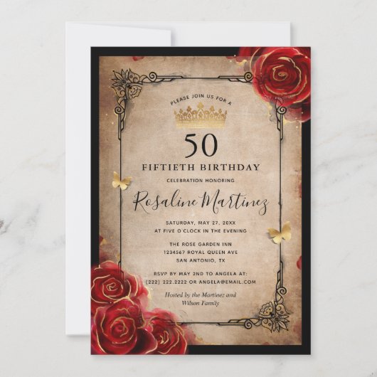 Koninklijke  Rode Rozen Gold Elegant Birthday Kaart (Voorkant)