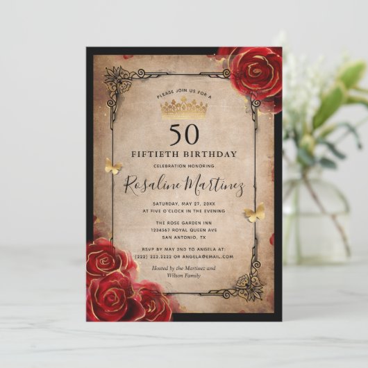 Koninklijke  Rode Rozen Gold Elegant Birthday Kaart (Staand voorkant)