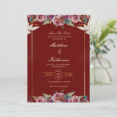 Koninklijke Rood & Goud Bloemenduit Bruiloftsinvit Kaart (Staand voorkant)