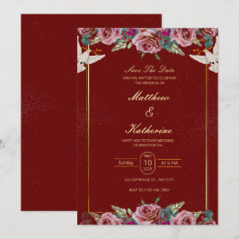 Koninklijke Rood & Goud Bloemenduit Bruiloftsinvit Kaart