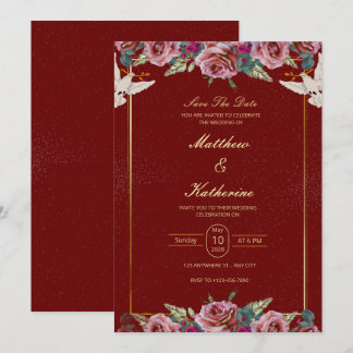 Koninklijke Rood & Goud Bloemenduit Bruiloftsinvit Kaart