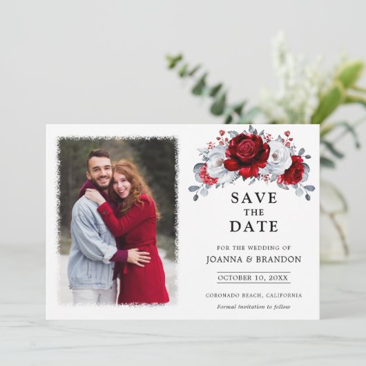 Koninklijke Rood Witte Zilveren Metallic Bloemige Save The Date (Staand voorkant)