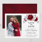 Koninklijke Rood Witte Zilveren Metallic Bloemige  Save The Date (Voorkant / Achterkant)