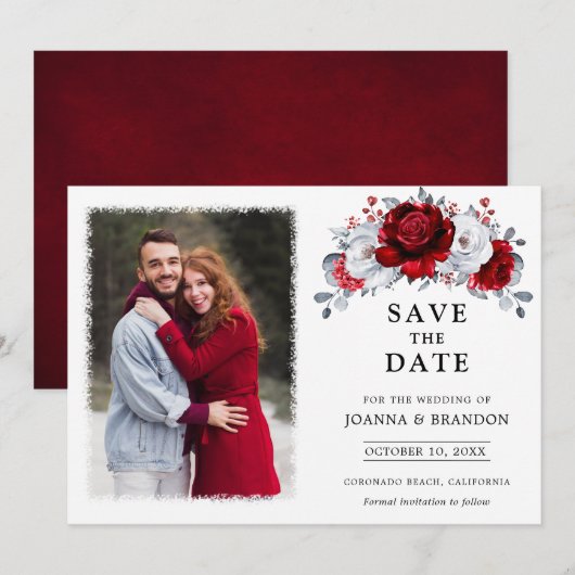 Koninklijke Rood Witte Zilveren Metallic Bloemige Save The Date (Voorkant / Achterkant)