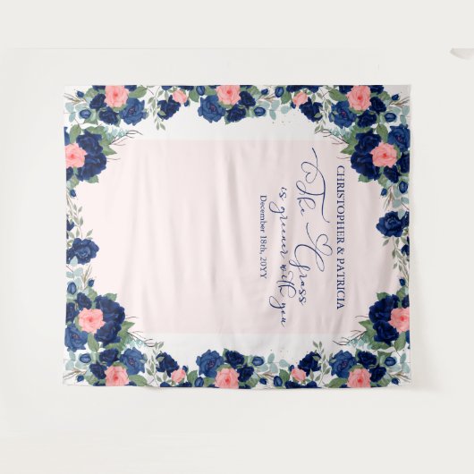 Koninklijke Roze Blauwe Koraal Bloemrijke Trouwran Wandkleed (Voorkant (horizontaal))