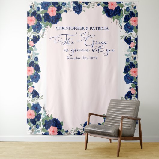 Koninklijke Roze Blauwe Koraal Bloemrijke Trouwran Wandkleed (In situ)