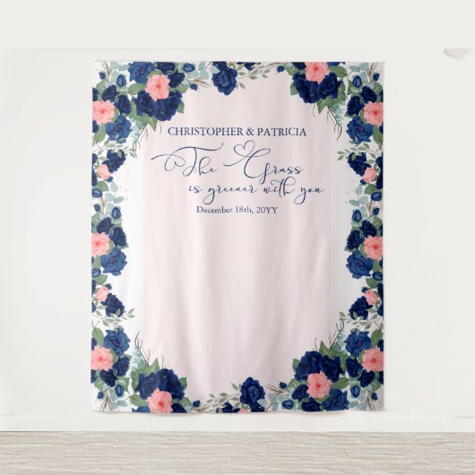 Koninklijke Roze Blauwe Koraal Bloemrijke Trouwran Wandkleed (Voorkant)