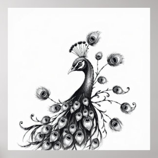 Koninklijke schoonheid: Peacock Charcoal Art Poster