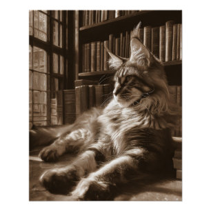Koninklijke Sepia Maine Coon Bibliotheek Kat Kunst Perfect Poster