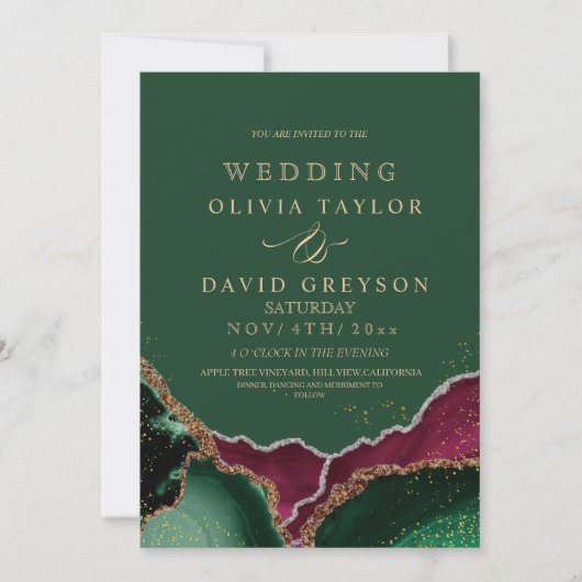 Koninklijke Smaragdgroene Roze Agate Huwelijk Kaart (Voorkant)