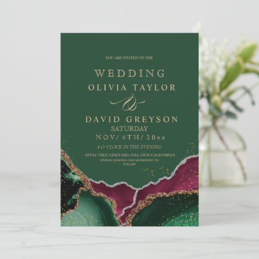 Koninklijke Smaragdgroene Roze Agate Huwelijk Kaart (Staand voorkant)