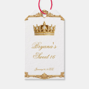 Koninklijke stoel verjaardagsfeest met gouden kroo cadeaulabel